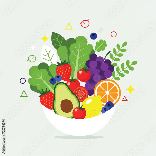 Colorful flat lay illustration of a bowl filled with various fruits and vegetables, celebrating World Food Day with vibrant colors and playful design elements.