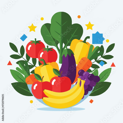 Colorful flat lay illustration of a bowl filled with various fruits and vegetables, celebrating World Food Day with vibrant and playful design elements.