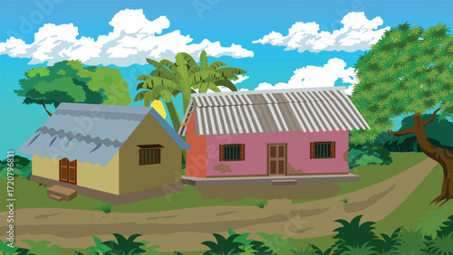 Quaint village homes nestled in lush greenery under a bright blue sky with fluffy clouds create a peaceful and serene escape to the countryside