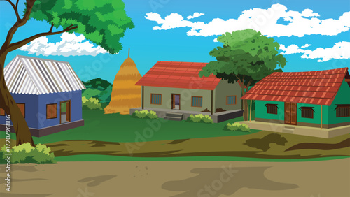 Charming village scene with colorful houses, lush trees, and a haystack under a bright blue sky, perfect for illustrating rural life and peaceful landscapes