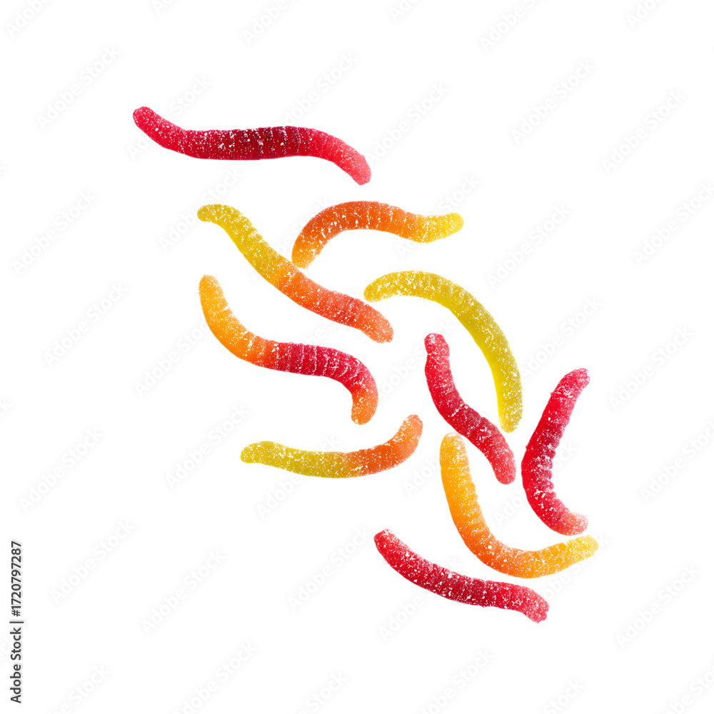 Obraz premium Falling sour gummy worms on transparent background