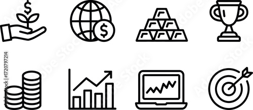 Set of eight black and white line art icons representing finance investment growth and success vector