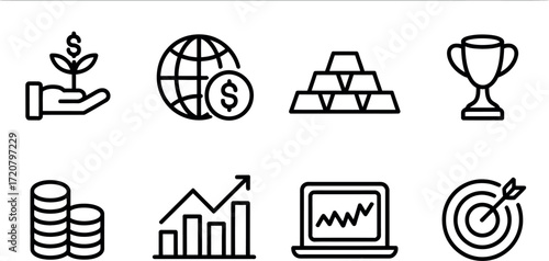 Set of eight financial icons representing growth investment success business and economy concepts vector