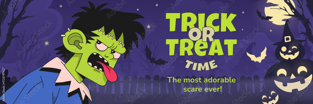 Fototapeta premium Halloween Zombie Character Banner – Funny Green Monster for Spooky Ads & Promotions