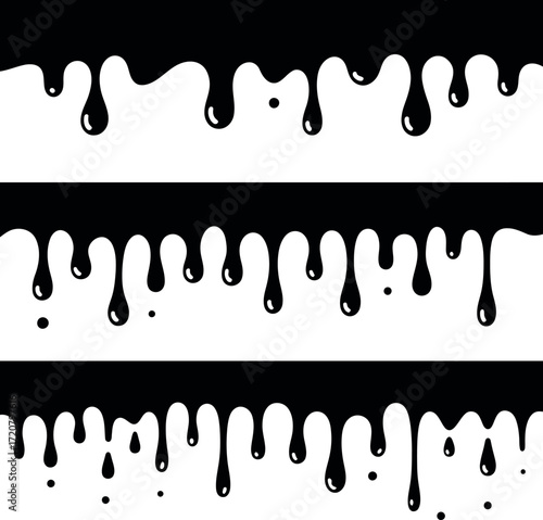 Three rows of black liquid drips forming abstract seamless border designs vector