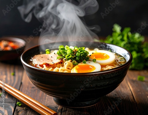 Delicious Hot Ramen Soup With Egg and Green Onions