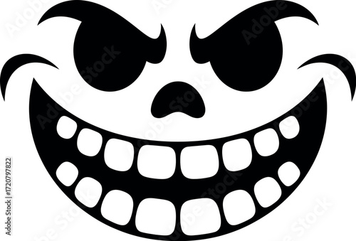 Creepy halloween pumpkin face grinning wide with sharp teeth and scary eyes black and white graphic vector