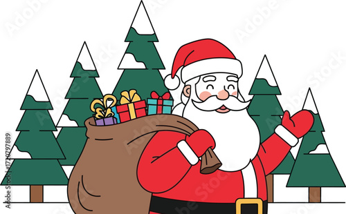 Santa claus christmas gifts trees holiday vector illustration