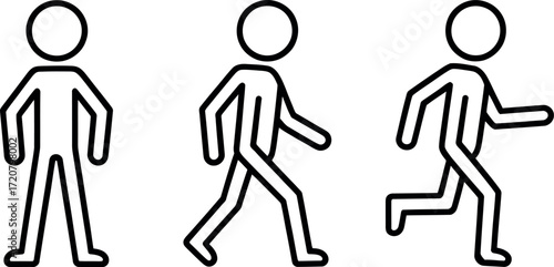 Simple black and white line drawing of figures in sequential motion poses vector