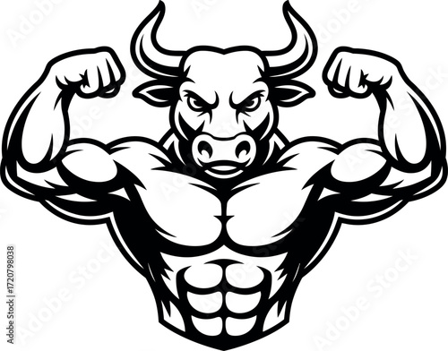 Muscular bull head and torso flexing biceps powerful athletic symbol black and white art vector