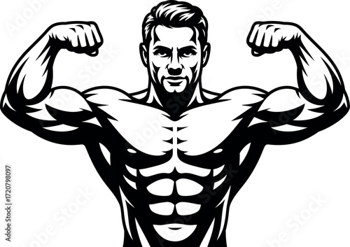 Muscular man bodybuilder flexing biceps muscles powerful athletic physique silhouette vector