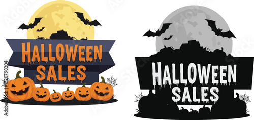 Halloween sales pumpkins bats moon vector design illustration