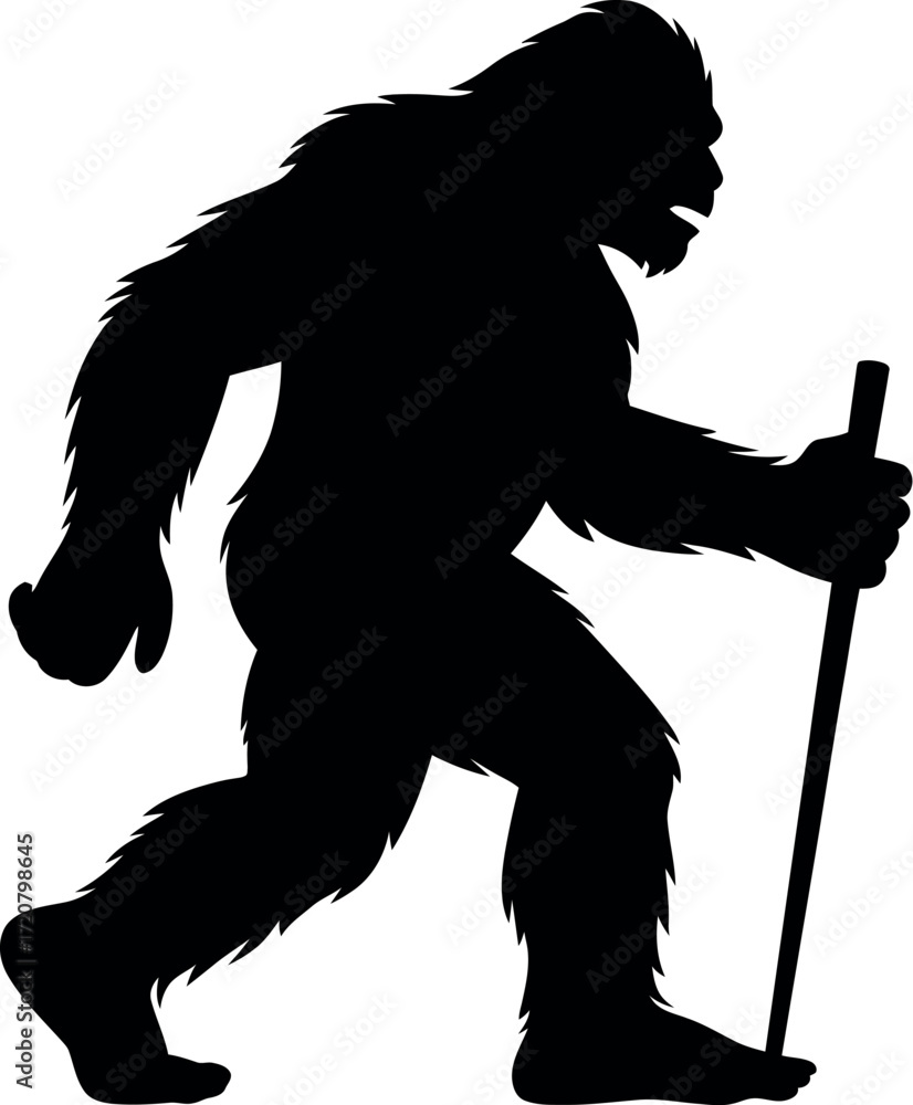 Fototapeta premium Silhouette of bigfoot walking with a cane mystery creature legend creature of the forest creature vector