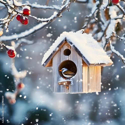 Wallpaper Mural Wooden birdhouse in snowy winter garden with small bird perched inside entrance, surrounded by snow-covered branches and red berries creating seasonal holiday scene Torontodigital.ca