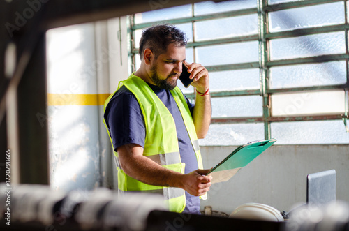 Male employee or worker of industry, factory or warehouse deposit using mobile phone, making order or customer service with a clipboard