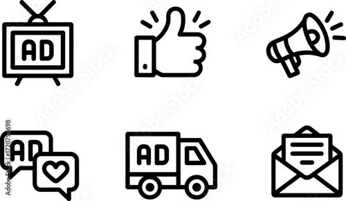Set of six black and white line art icons representing advertising and marketing concepts vector
