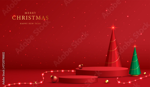 Podium shape for show cosmetic product display for christmas day or new years. Stand product showcase on red background with lighting christmas. vector design.