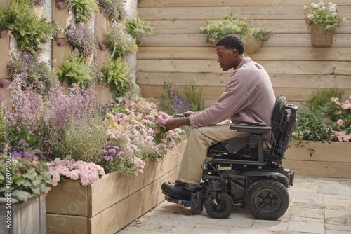 Young Black man gardener in a wheelchair tending to raised beds in his garden or backyard, a disabled farmer working in the garden, concept of accessibility and inclusive environment, AI-gen