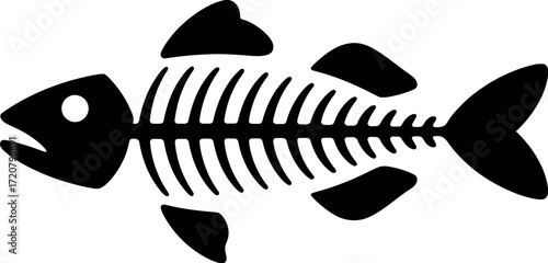 Minimalist black and white fish skeleton graphic symbol icon simple clean design vector