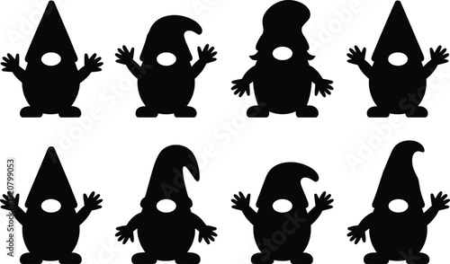 Silhouettes of Gnome Figures with Unique Hats and Poses for Fantasy Design, Character Creation, Puzzle Art, and Decorative Illustration