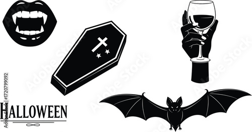 Spooky Halloween icons including fangs, coffin, bat, and wine glass