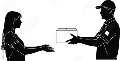 Delivery person hands package to recipient, symbolizing service and exchange.