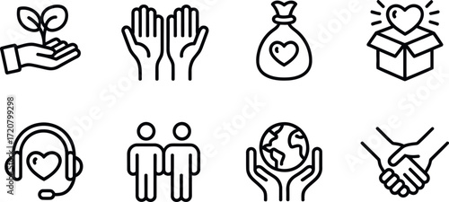 Set of eight minimalist line art icons representing charity generosity hope and support themes vector