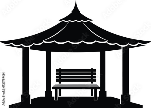 Serene pagoda shelter with empty bench in peaceful garden setting