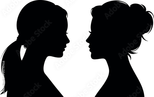 Elegant silhouette profiles of two women facing each other with hairstyles vector