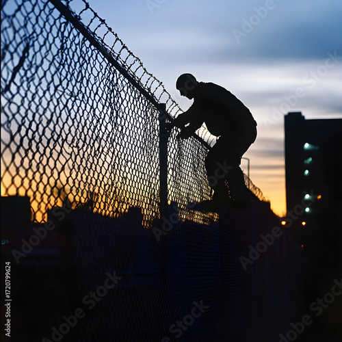 Wallpaper Mural Silhouette of man climbing chain link fence during sunset in urban city environment, representing risk, escape, survival and freedom against dramatic glowing sky Torontodigital.ca