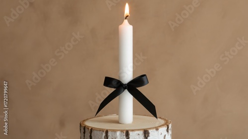 Single white candle with black ribbon