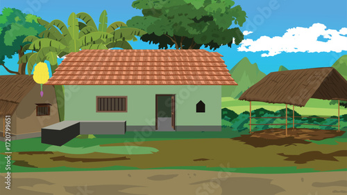 Experience the peaceful charm of rural village life with traditional houses and lush greenery, perfect for illustrating cultural stories and travel adventures