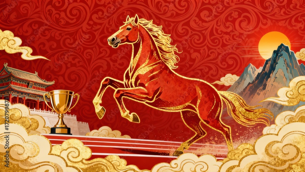 Fototapeta premium red Creative abstract business background with elegant Chinese style horse flowing mane flat illustration design featuring gradient colors geometric outline poster art for zodiac year celebration.