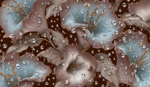 Delicate,  ornate floral design with light blue and brown petals, showcasing a lavish pattern of water droplets and gold accents on a deep brown backdrop.