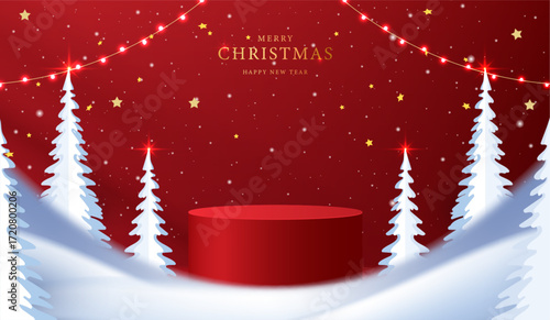 Podium shape for show cosmetic product display for christmas day or new years. Stand product showcase on red background with lighting christmas. vector design.