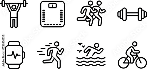 Set of eight minimalist line art icons representing fitness sports and health activities vector
