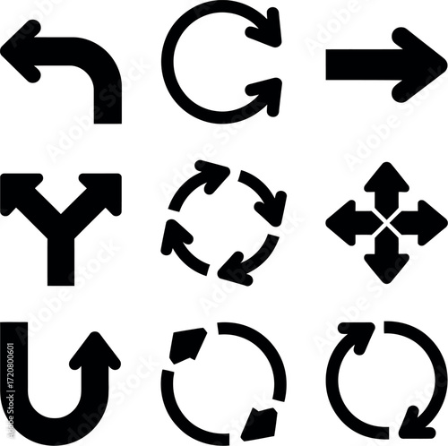 Collection of 9 black and white directional arrows and symbols for navigation and movement vector