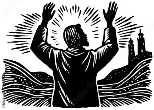 Man Raising Hands in Dua Silhouette, Islamic Worship Religion SVG, PNG
