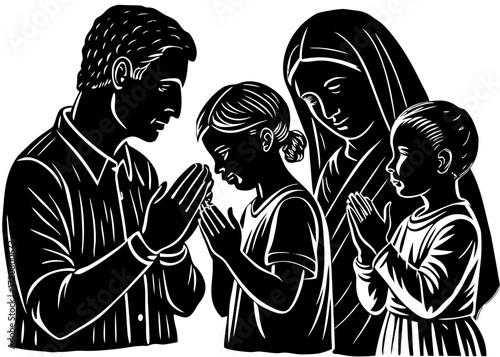 Family Praying Together Silhouette, Islamic Worship Religion SVG, PNG