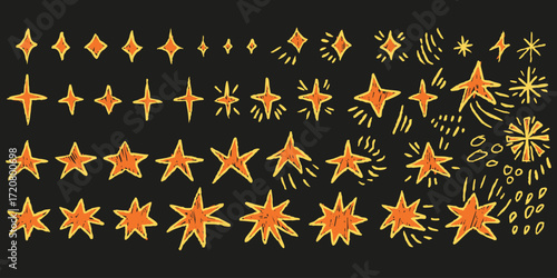 Crayon glowing stars, sparkles, fireworks in doodle sketchy style. Playful kids scribble stickers for scrapbook or note.