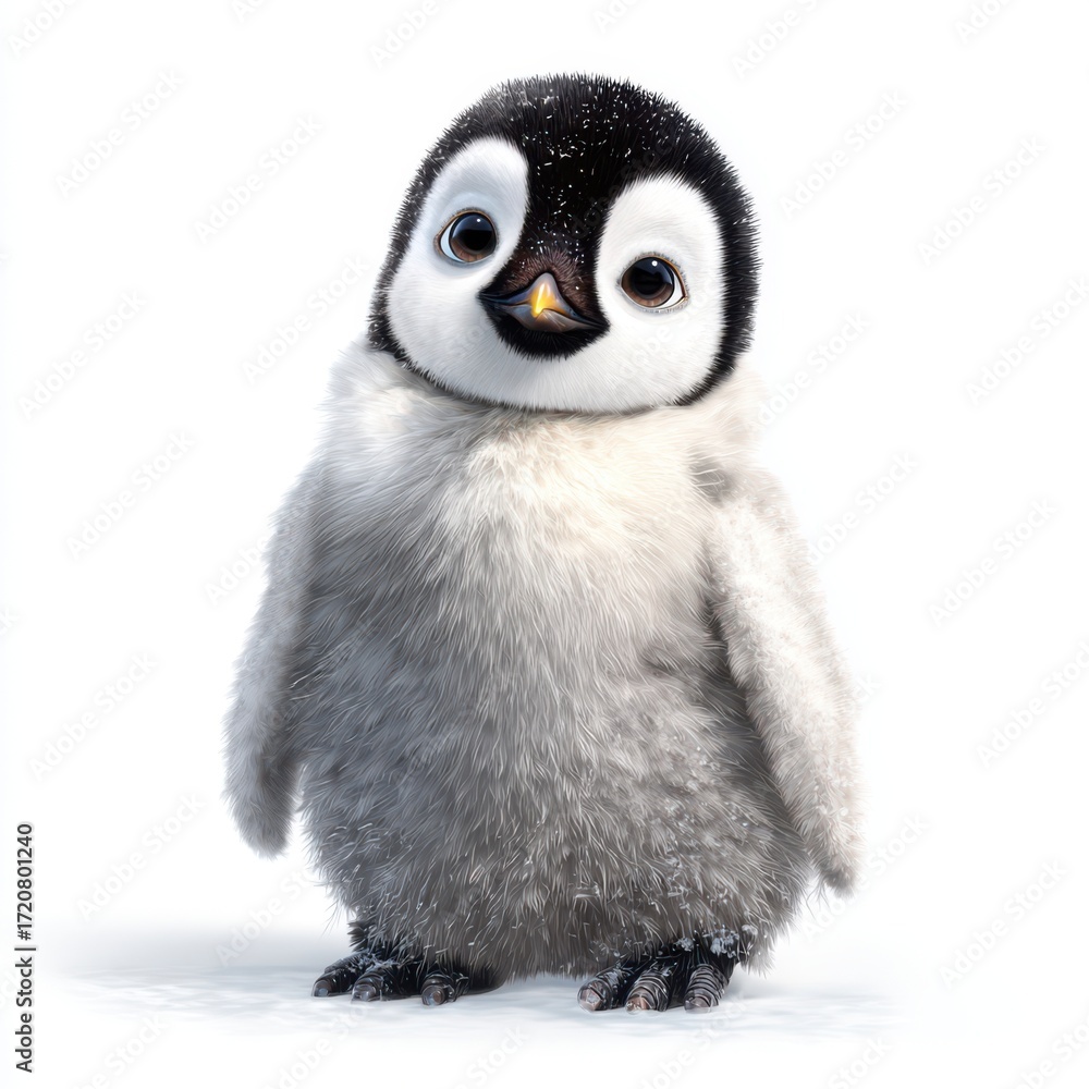 Fototapeta premium Adorable Baby Penguin Chick, Fluffy Downy Feathers, Winter Wonderland, Cute, White Background