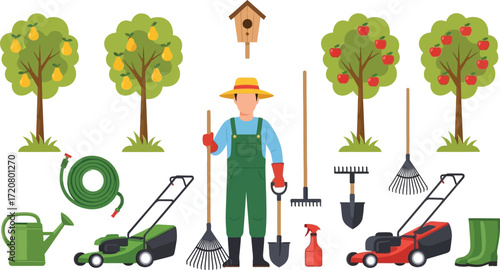 Gardener with tools and trees, preparing for a bountiful harvest season.
