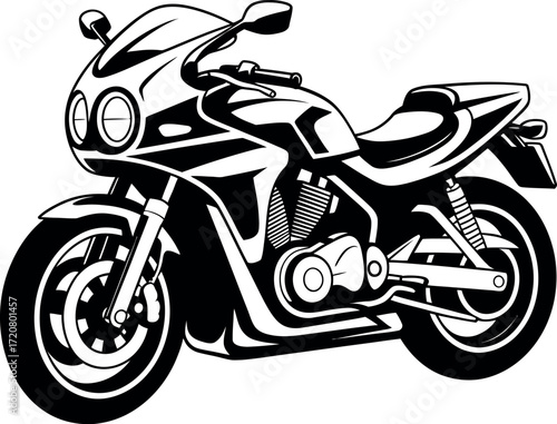 Dynamic black and white sportbike motorcycle rendering with detailed engine and frame elements vector