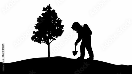 Tree planting silhouette shows environmental stewardship and reforestation efforts for a greener future