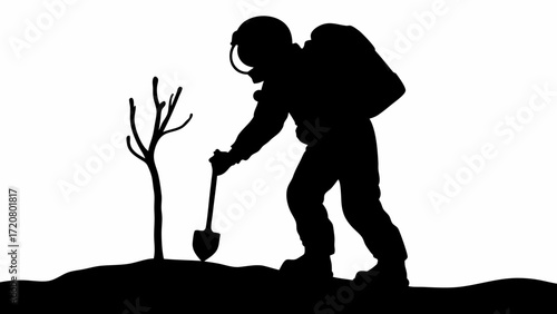 Dramatic silhouette of astronaut planting tree on barren planet brings hope and new beginnings