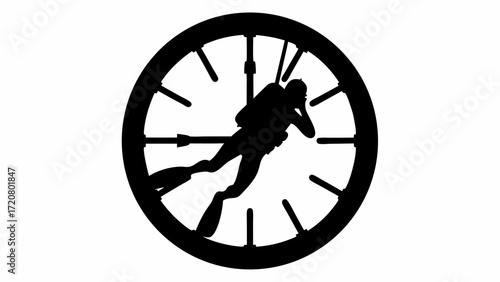 Scuba diver silhouette within a clock face, symbolizing timing and underwater exploration adventures