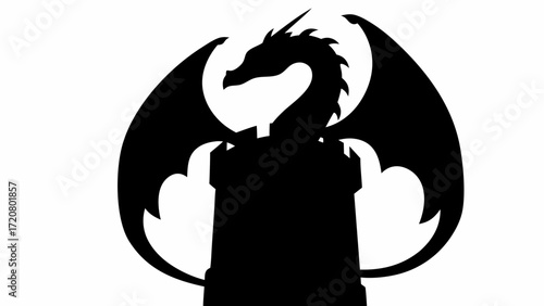 Majestic dragon silhouette perched atop castle tower conveys strength and fantasy illustration