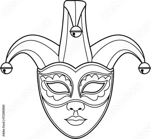 Whimsical jester mask with bells and decorative eye holes, perfect for masquerade or celebration