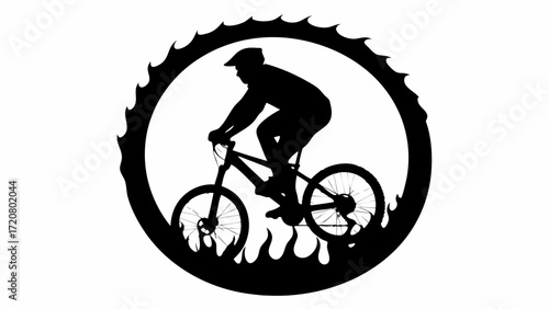 Dynamic mountain biker silhouette riding downhill in a fiery trail adventure scene
