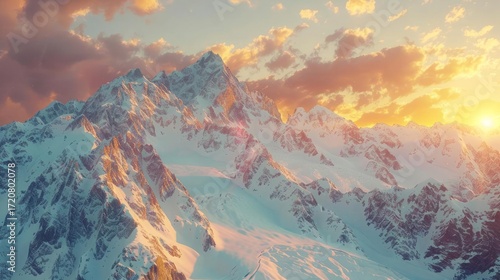 Golden sunset illuminates majestic snow-capped mountains